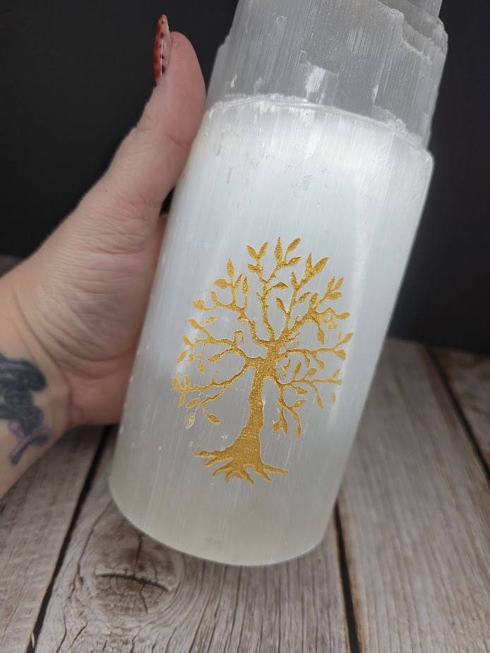 Large Satin Spar Lamp with Etched Gold Tree of Liife - Light Base Included