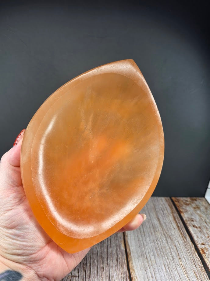 Natural Peach Satin Spar Marquise Shaped Bowl - Large