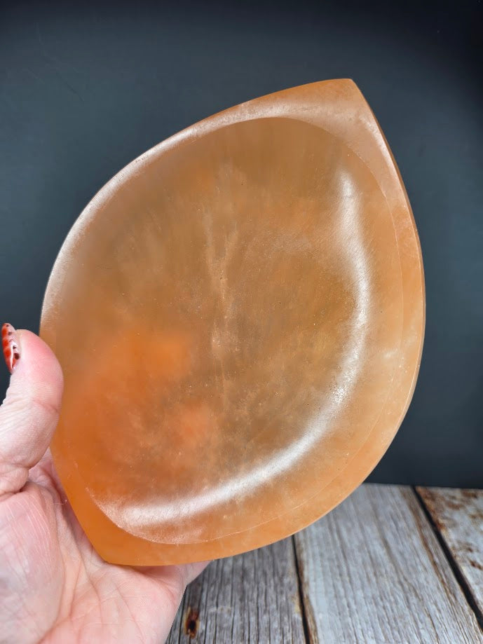 Natural Peach Satin Spar Marquise Shaped Bowl - Large