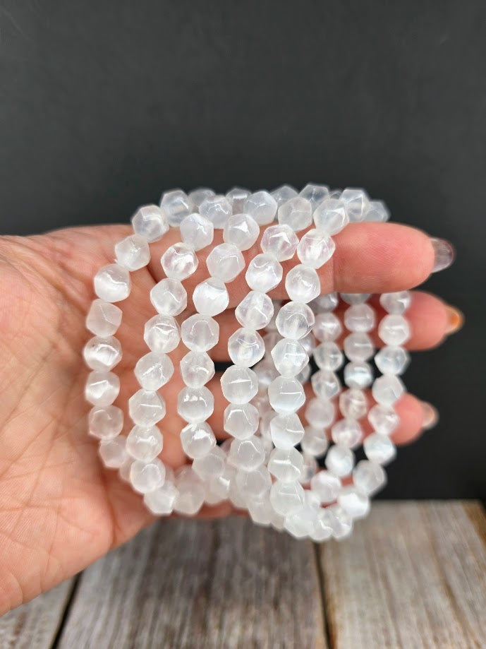 Natural Faceted Satin Spar 8mm Stretch Bracelet