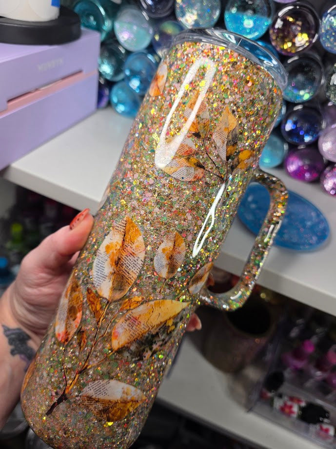 Golden Leaves | 30oz Skinny Stainless Steel Epoxy Tumbler with Handle - Imperfect