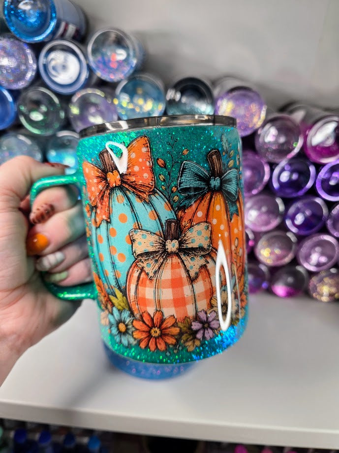 Teal & Orange Pumpkins | 10oz Coffee Cup Stainless Steel Epoxy Mug - Fall Theme