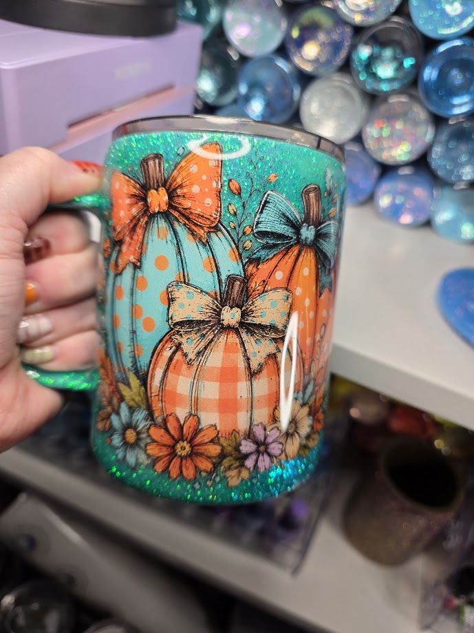 Teal & Orange Pumpkins | 10oz Coffee Cup Stainless Steel Epoxy Mug - Fall Theme