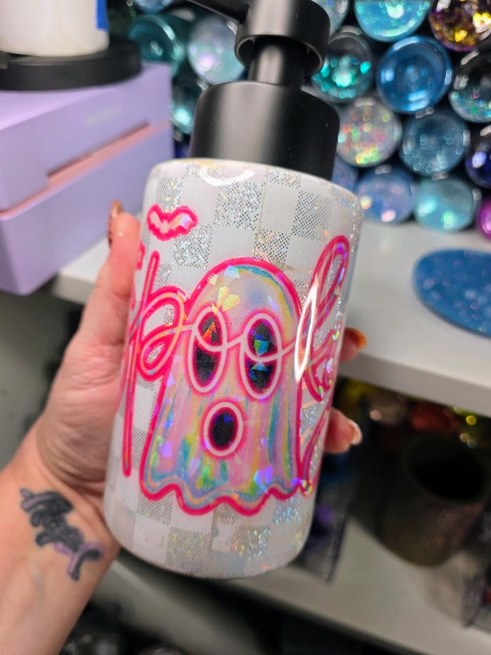 Holographic Spooky Pink Ghost Distressed Soap Dispenser - Halloween