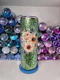 Green Glitter with Florals | 20oz Skinny Stainless Steel Epoxy Tumbler
