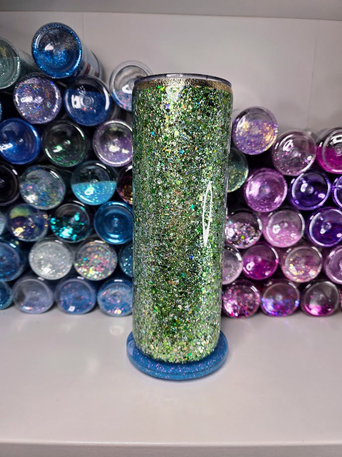 Green Glitter with Florals | 20oz Skinny Stainless Steel Epoxy Tumbler