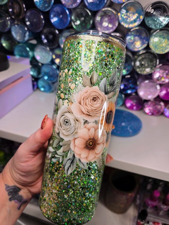 Green Glitter with Florals | 20oz Skinny Stainless Steel Epoxy Tumbler