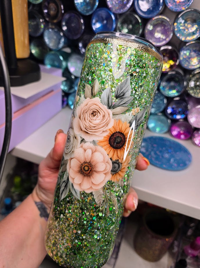 Green Glitter with Florals | 20oz Skinny Stainless Steel Epoxy Tumbler