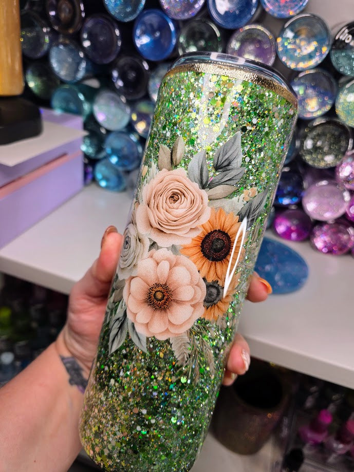 Green Glitter with Florals | 20oz Skinny Stainless Steel Epoxy Tumbler