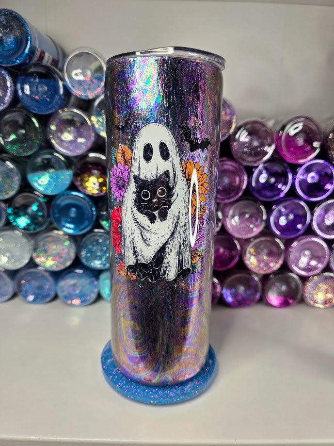 Ghost & Cat Oil Slick | 20oz Skinny Stainless Steel Epoxy Tumbler with Handle - Halloween