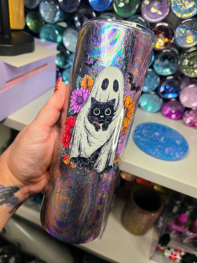 Ghost & Cat Oil Slick | 20oz Skinny Stainless Steel Epoxy Tumbler with Handle - Halloween