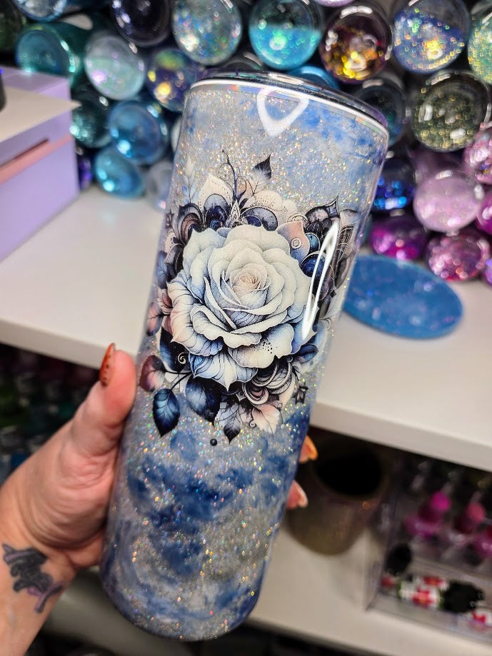 Blue Mist with Rose | 20oz Skinny Stainless Steel Epoxy Tumbler