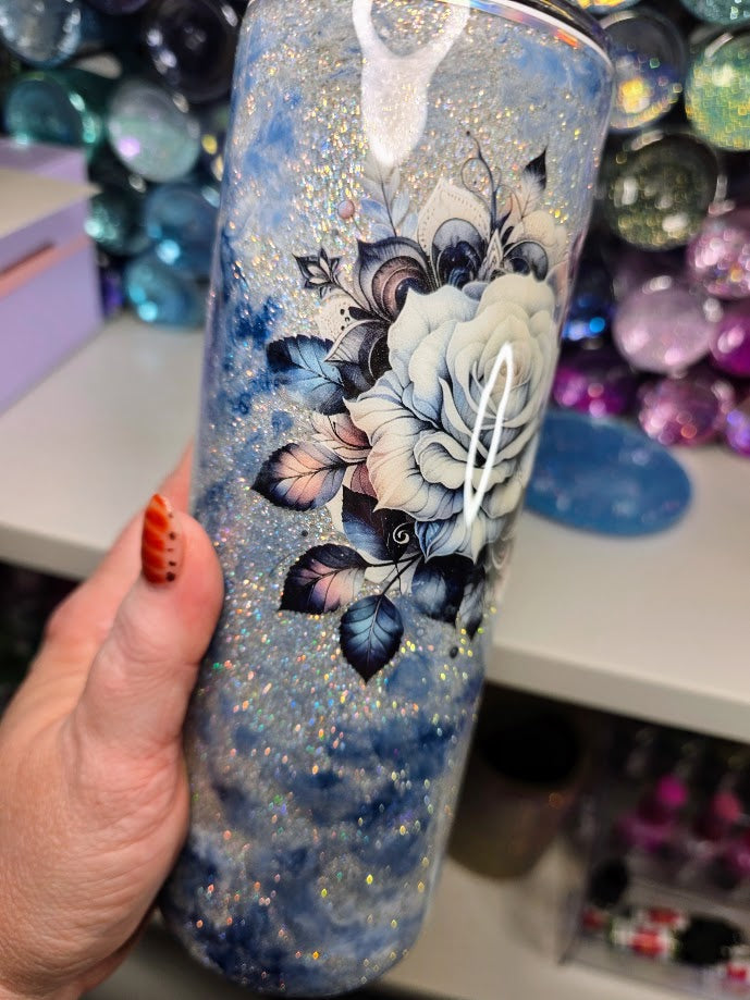 Blue Mist with Rose | 20oz Skinny Stainless Steel Epoxy Tumbler