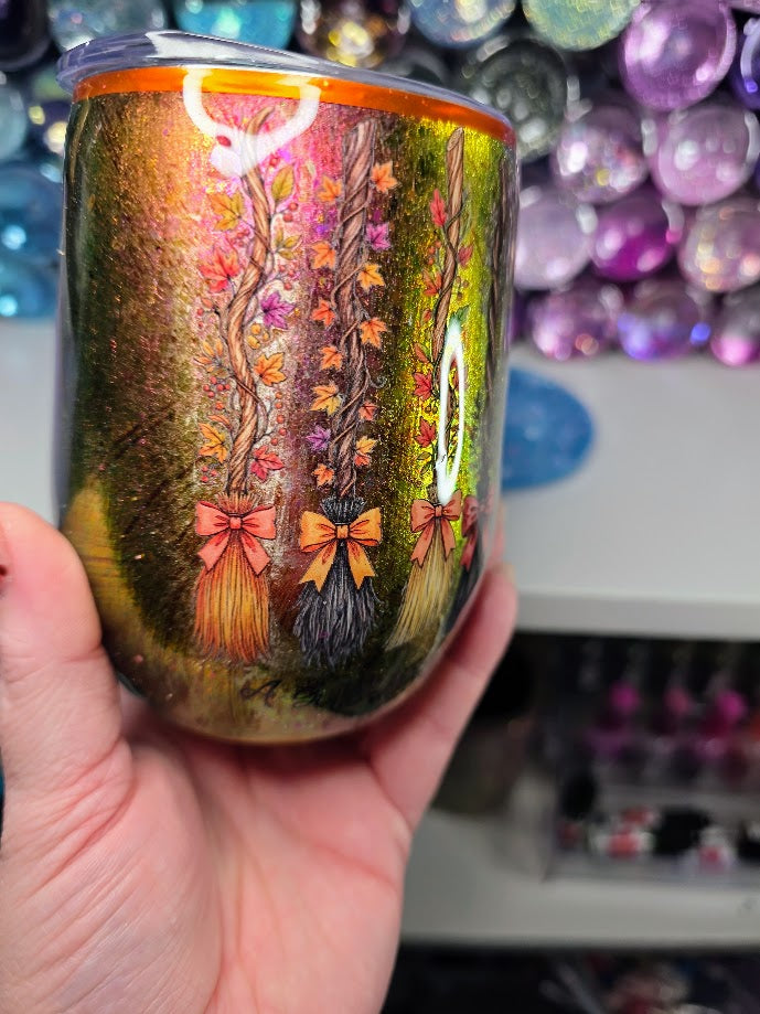 Witches Brooms with Quote | 12oz Stemless Wine Glass Stainless Epoxy Tumbler - Fall