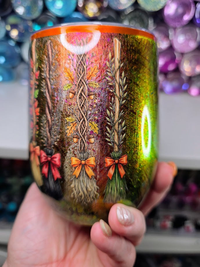 Witches Brooms with Quote | 12oz Stemless Wine Glass Stainless Epoxy Tumbler - Fall