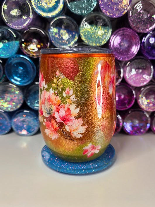 Fall Leaves | 12oz Stemless Wine Glass Stainless Epoxy Tumbler - Fall