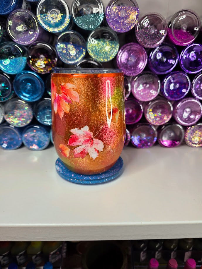 Fall Leaves | 12oz Stemless Wine Glass Stainless Epoxy Tumbler - Fall