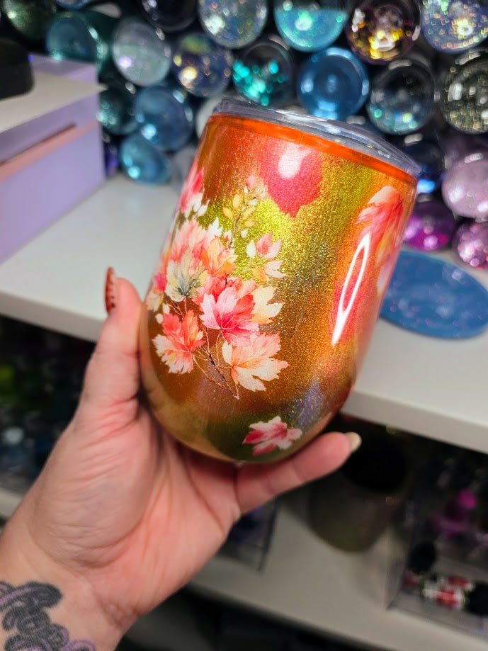 Fall Leaves | 12oz Stemless Wine Glass Stainless Epoxy Tumbler - Fall