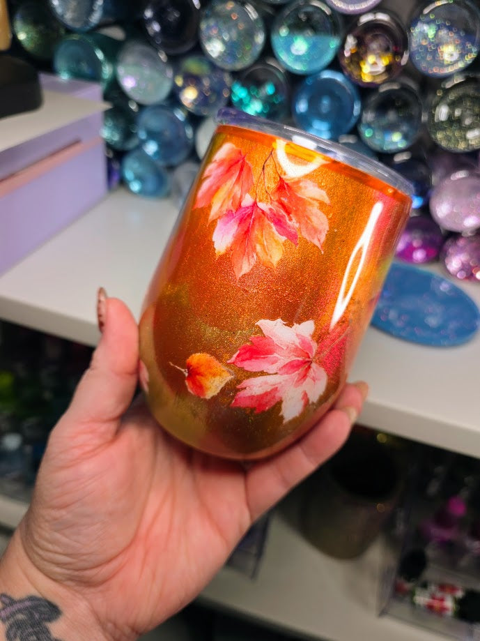 Fall Leaves | 12oz Stemless Wine Glass Stainless Epoxy Tumbler - Fall