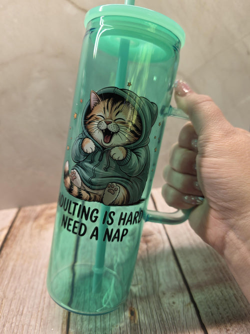 Adulting Is Hard, I Need A Nap Cat |Green Jelly Glass 20oz Skinny Tumbler W/Handle