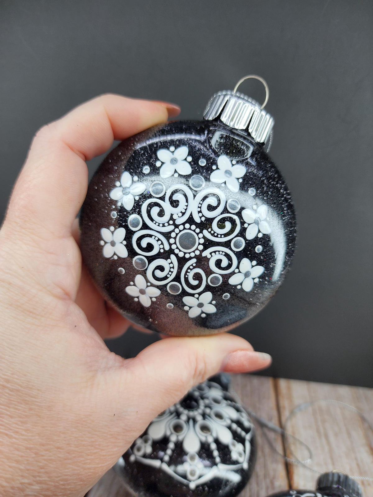 Blacks & Charcoals - Hand Painted Mandala Glitter Ornament | Shatter Proof & Pet Friendly