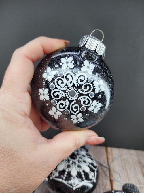 Blacks & Charcoals - Hand Painted Mandala Glitter Ornament | Shatter Proof & Pet Friendly