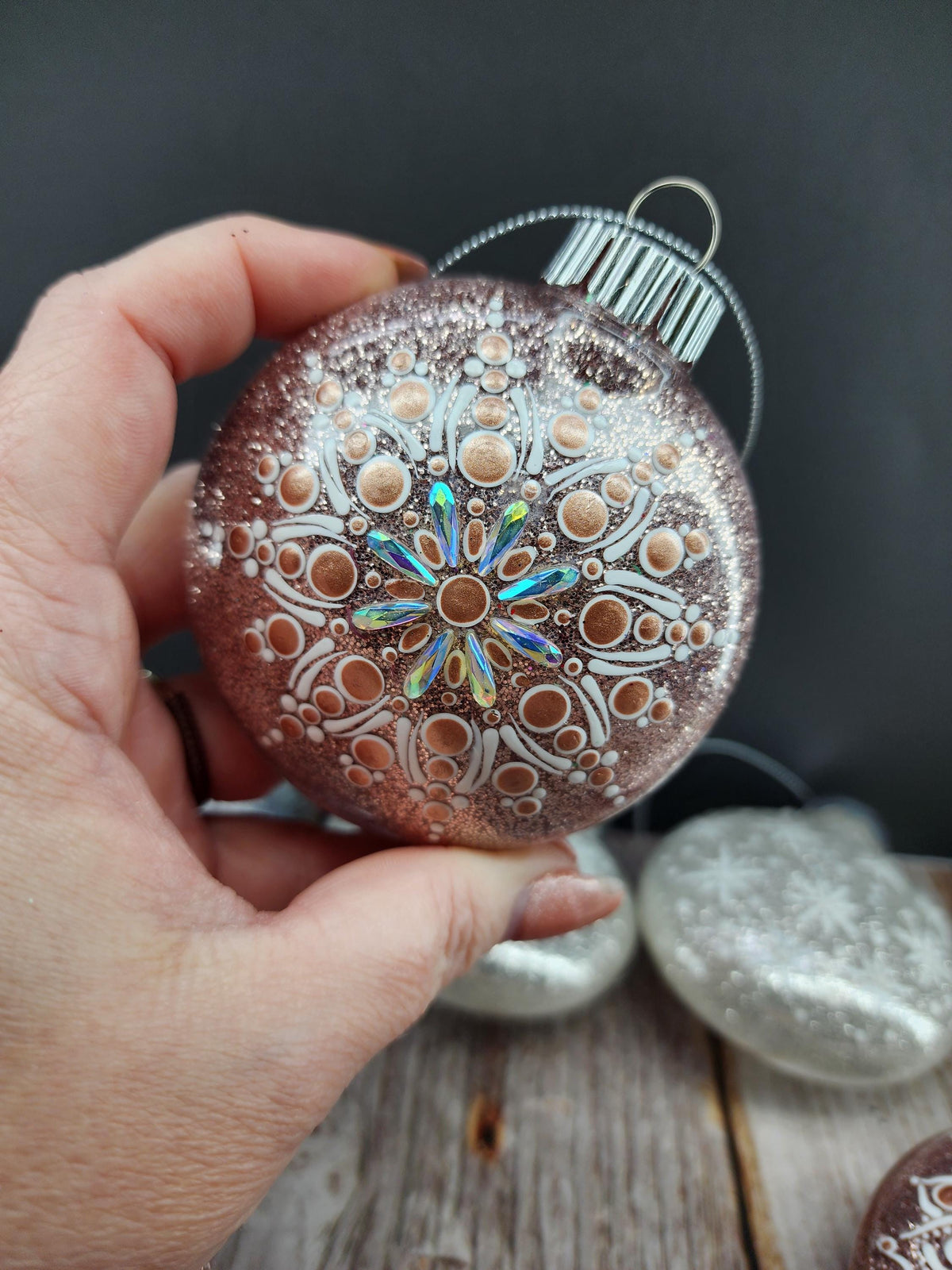 Rose Golds & Silvers - Hand Painted Mandala Glitter Ornament | Shatter Proof & Pet Friendly