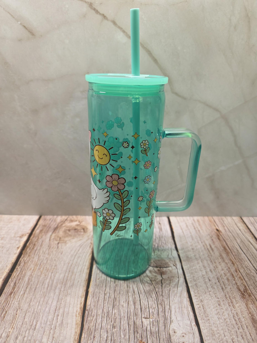 Cute Goose w/Books | Green Jelly Glass 20oz Skinny Tumbler W/Handle