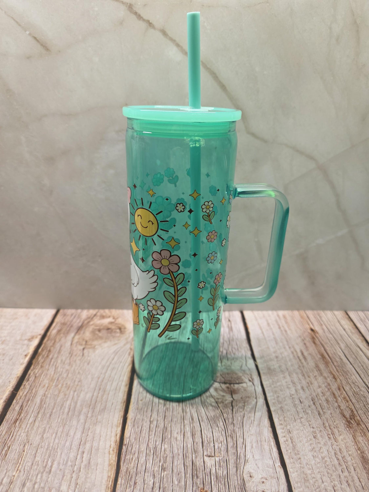 Cute Goose w/Books | Green Jelly Glass 20oz Skinny Tumbler W/Handle
