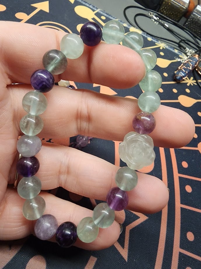 Natural Rainbow Fluorite with Rose Accent 8mm Stretch Bracelet