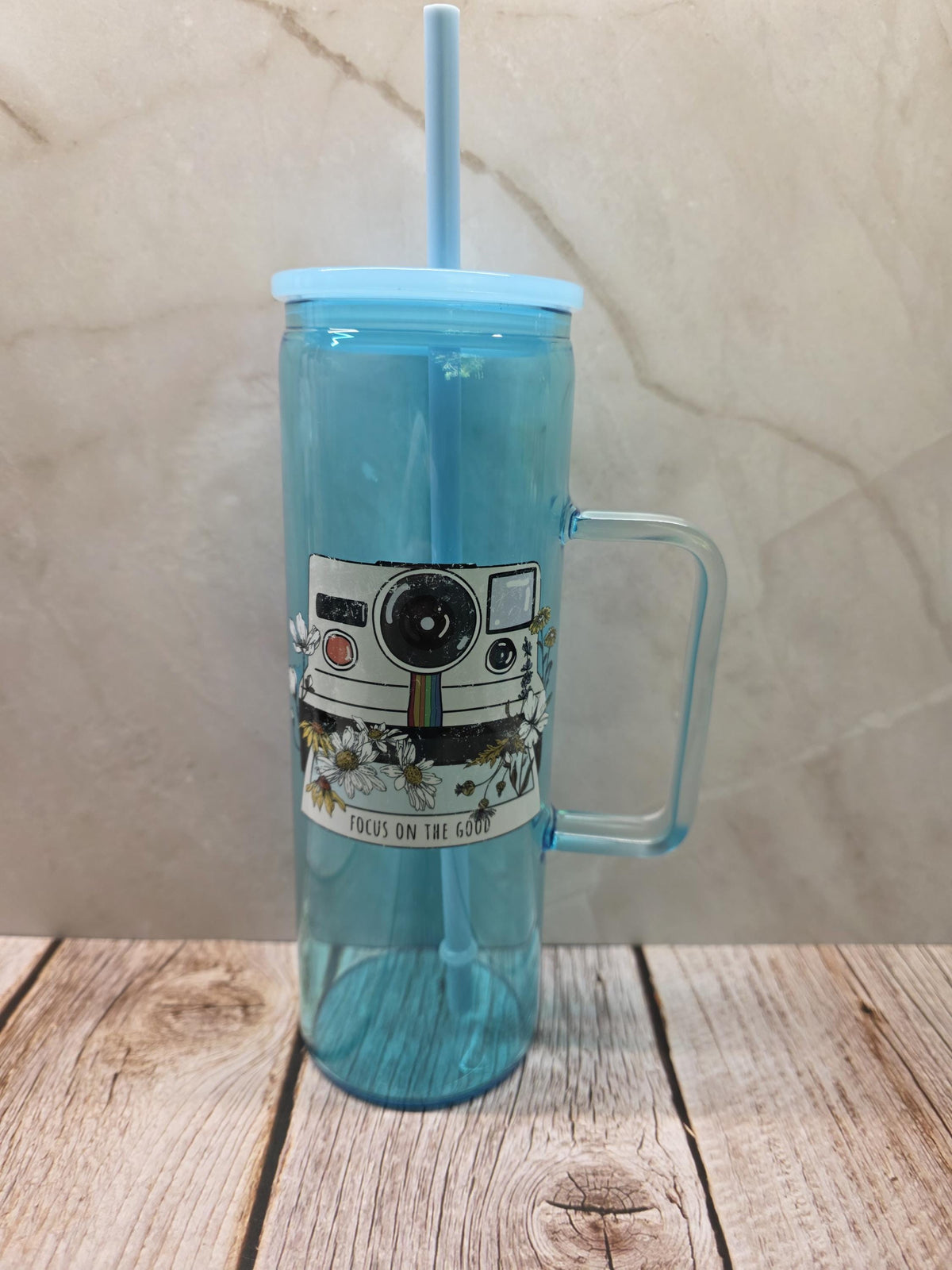Floral Camera | Blue Jelly Glass 20oz Skinny Tumbler W/Handle