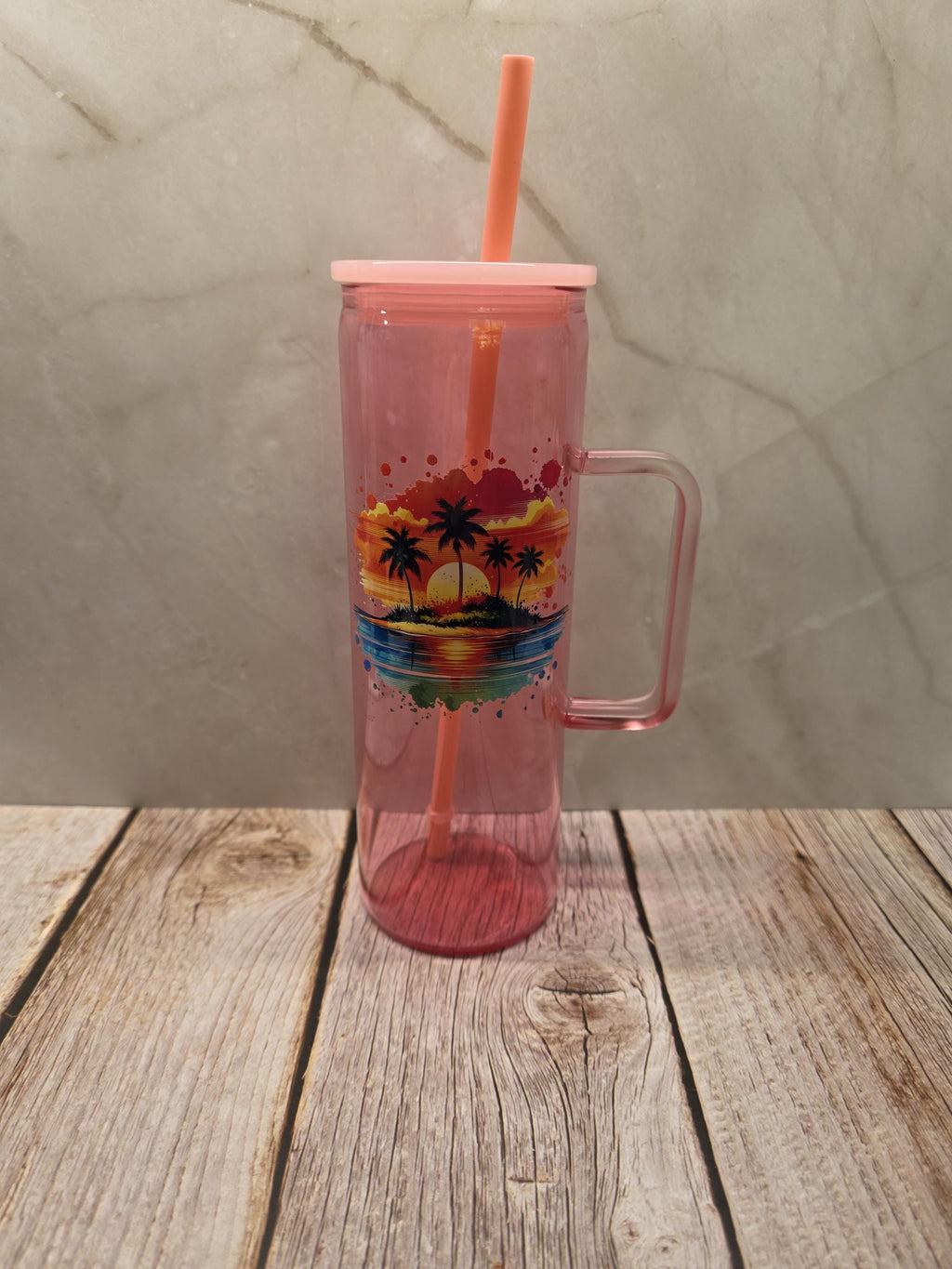 Beach Sunset | Pink Jelly Glass 20oz Skinny Tumbler W/Handle