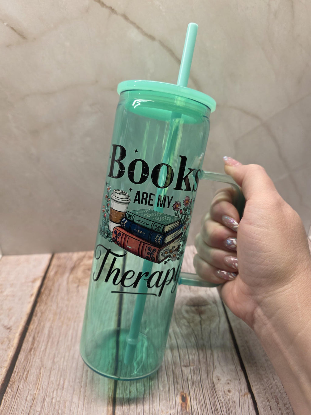 Books Are My Therapy | Green Jelly Glass 20oz Skinny Tumbler W/Handle