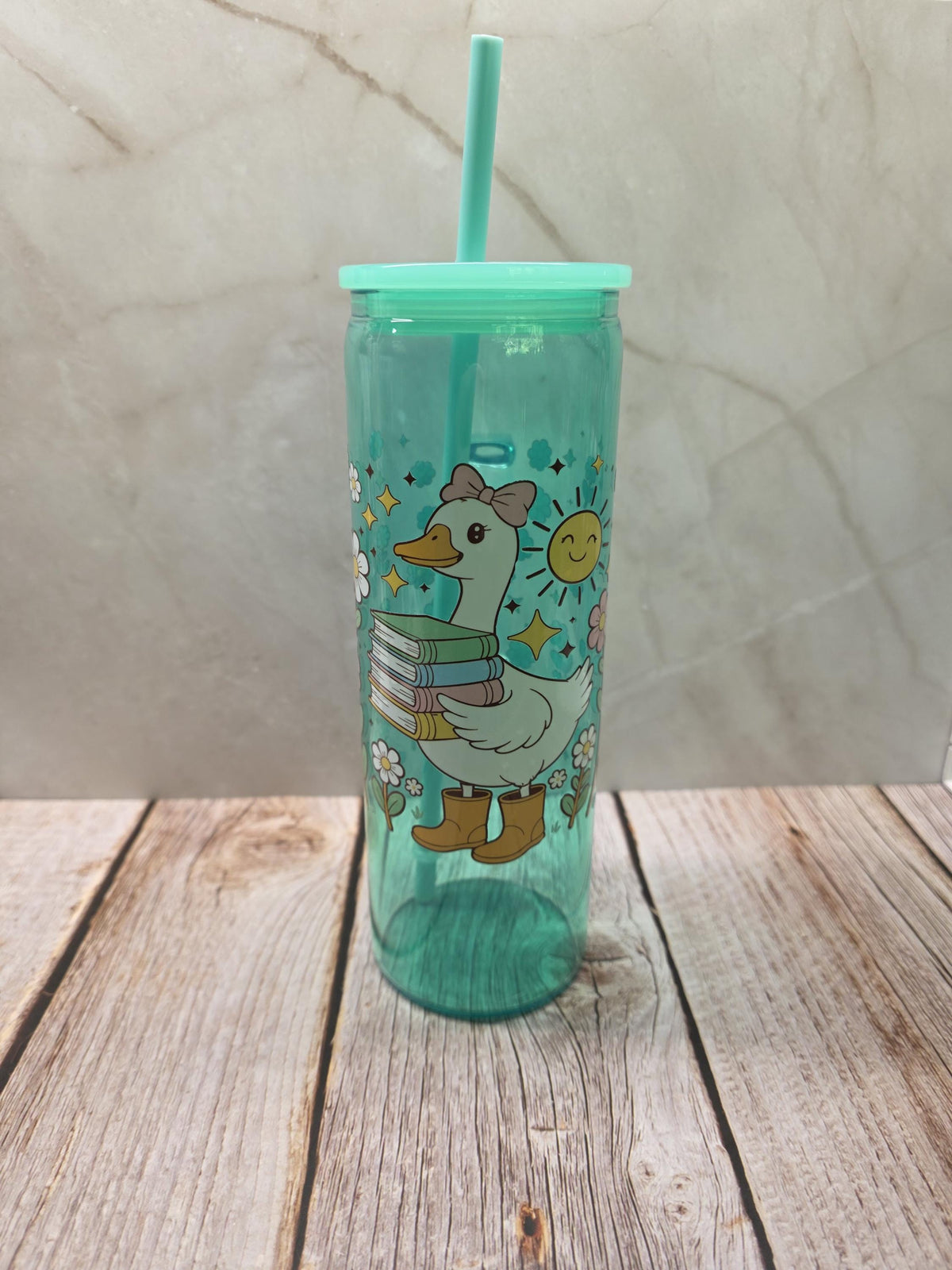 Cute Goose w/Books | Green Jelly Glass 20oz Skinny Tumbler W/Handle