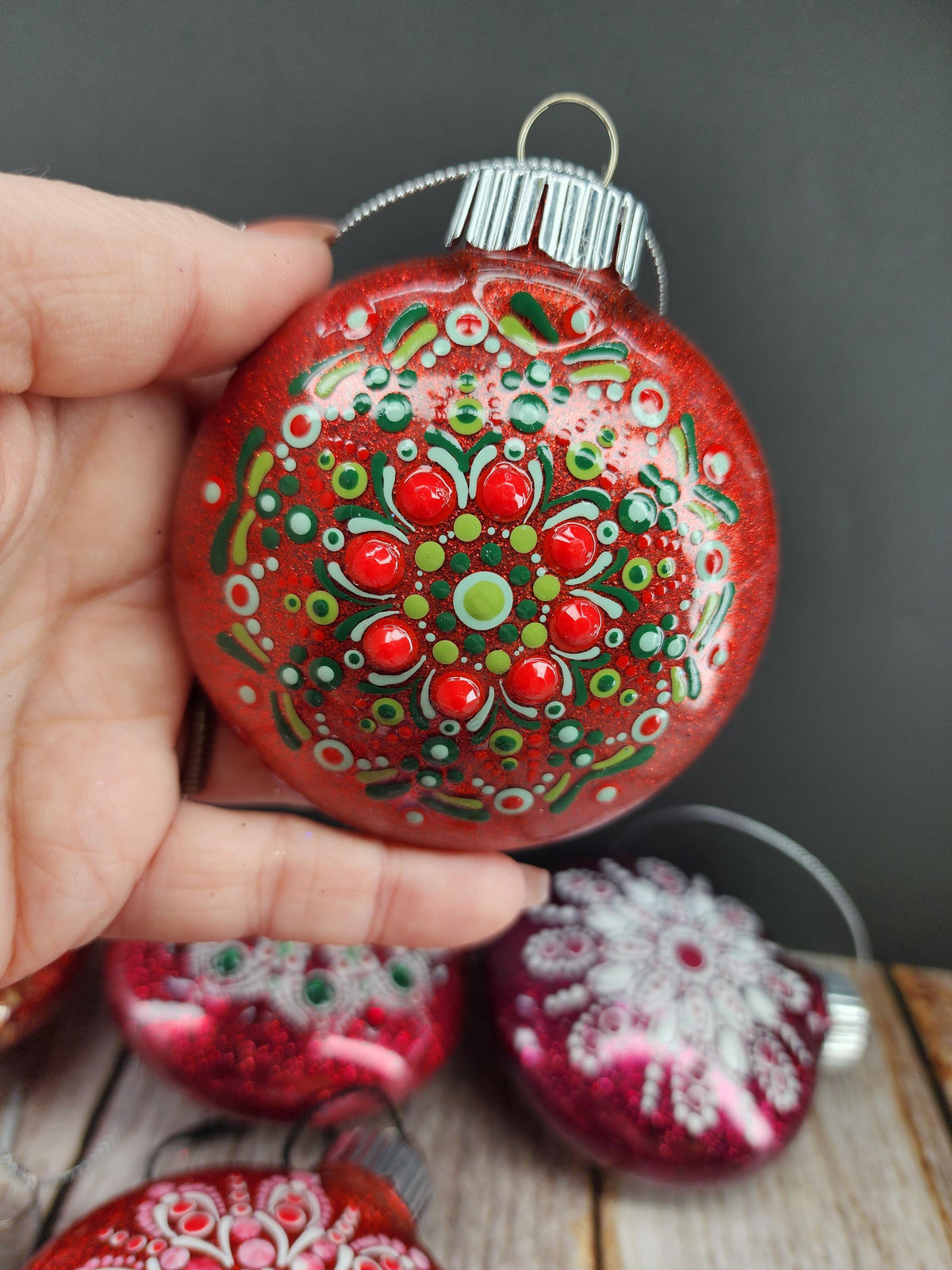 Reds - Hand Painted Mandala Glitter Ornament | Shatter Proof & Pet Friendly