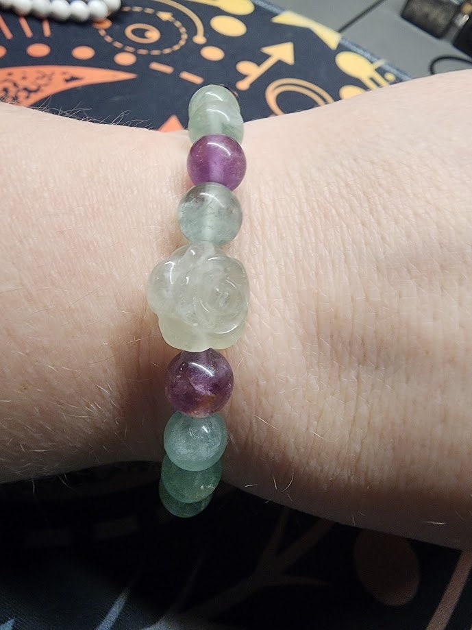 Natural Rainbow Fluorite with Rose Accent 8mm Stretch Bracelet