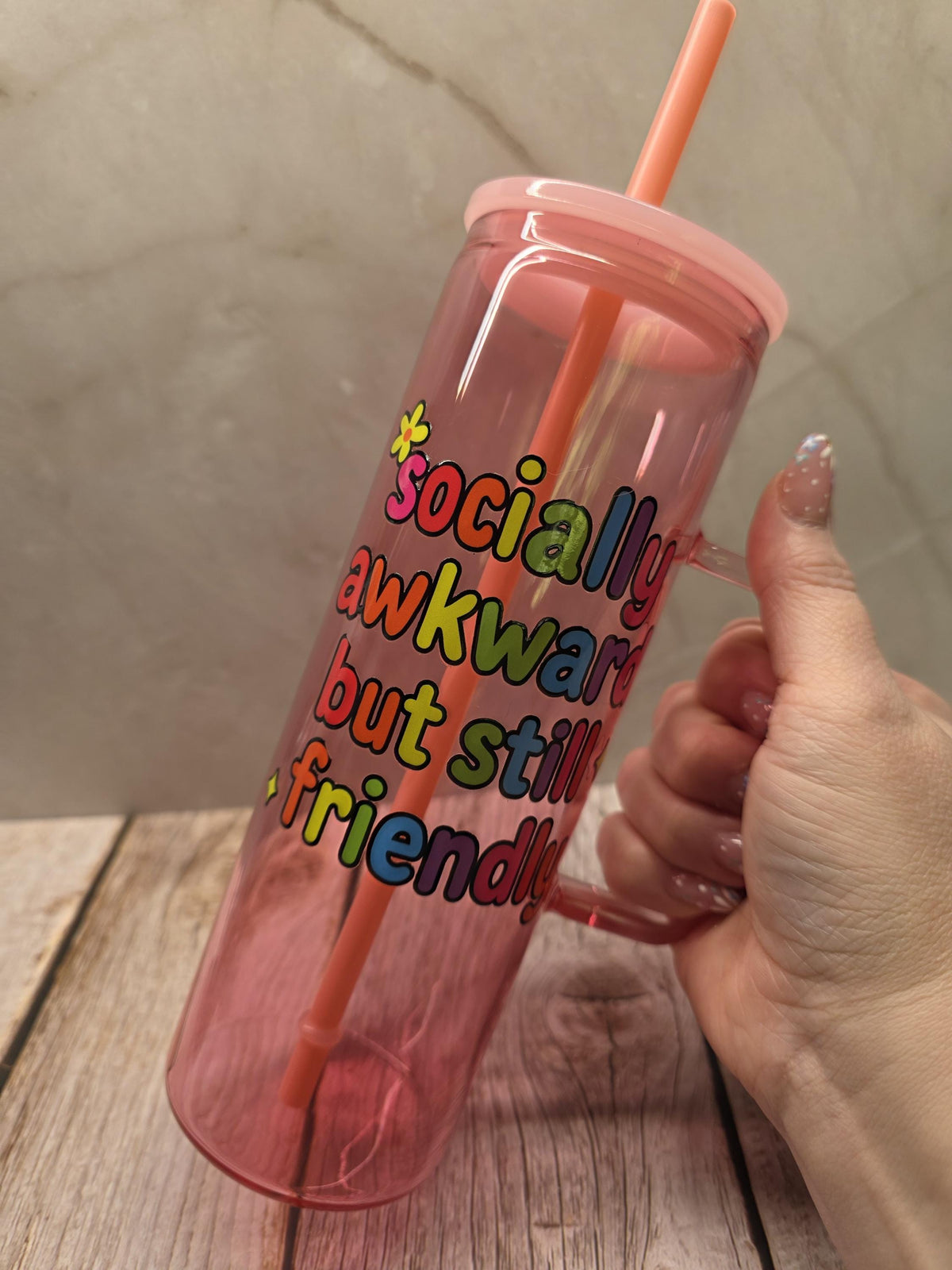 Socially Awkward But Still Friendly | Pink Jelly Glass 20oz Skinny Tumbler W/Handle