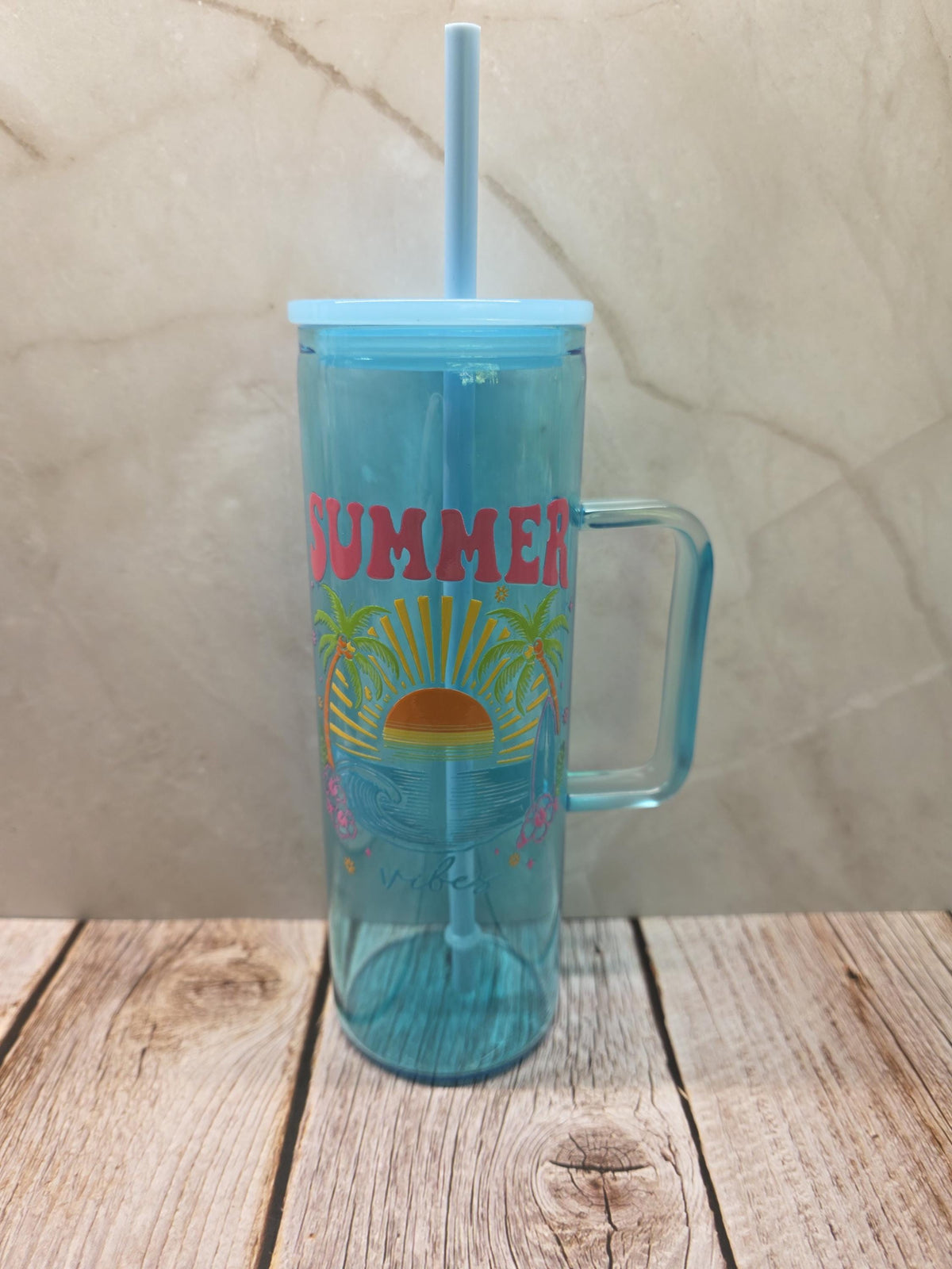 Summer Vibes | Blue Jelly Glass 20oz Skinny Tumbler W/Handle
