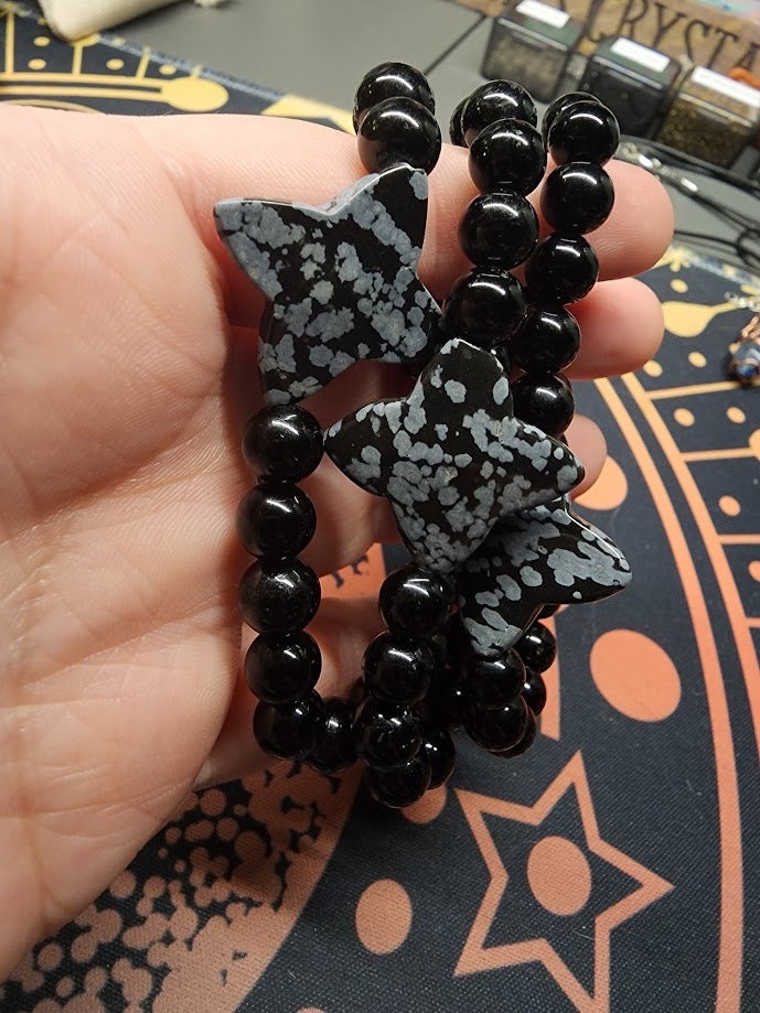 Natural Black Obsidian 8mm Stretch Bracelet with Snowflake Obsidian Star Accent