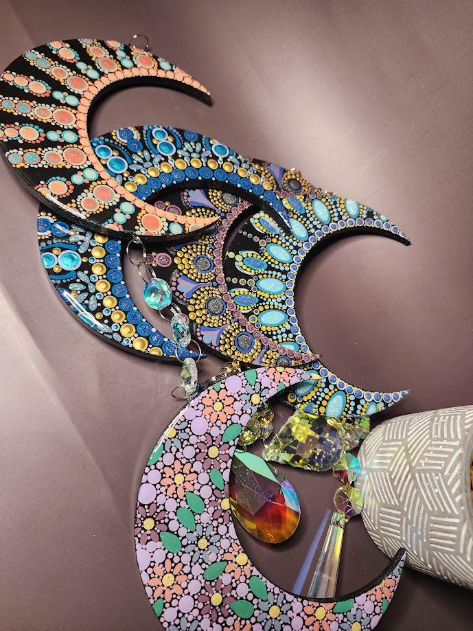 Hand Painted Mandala Crescent Moon Suncatchers