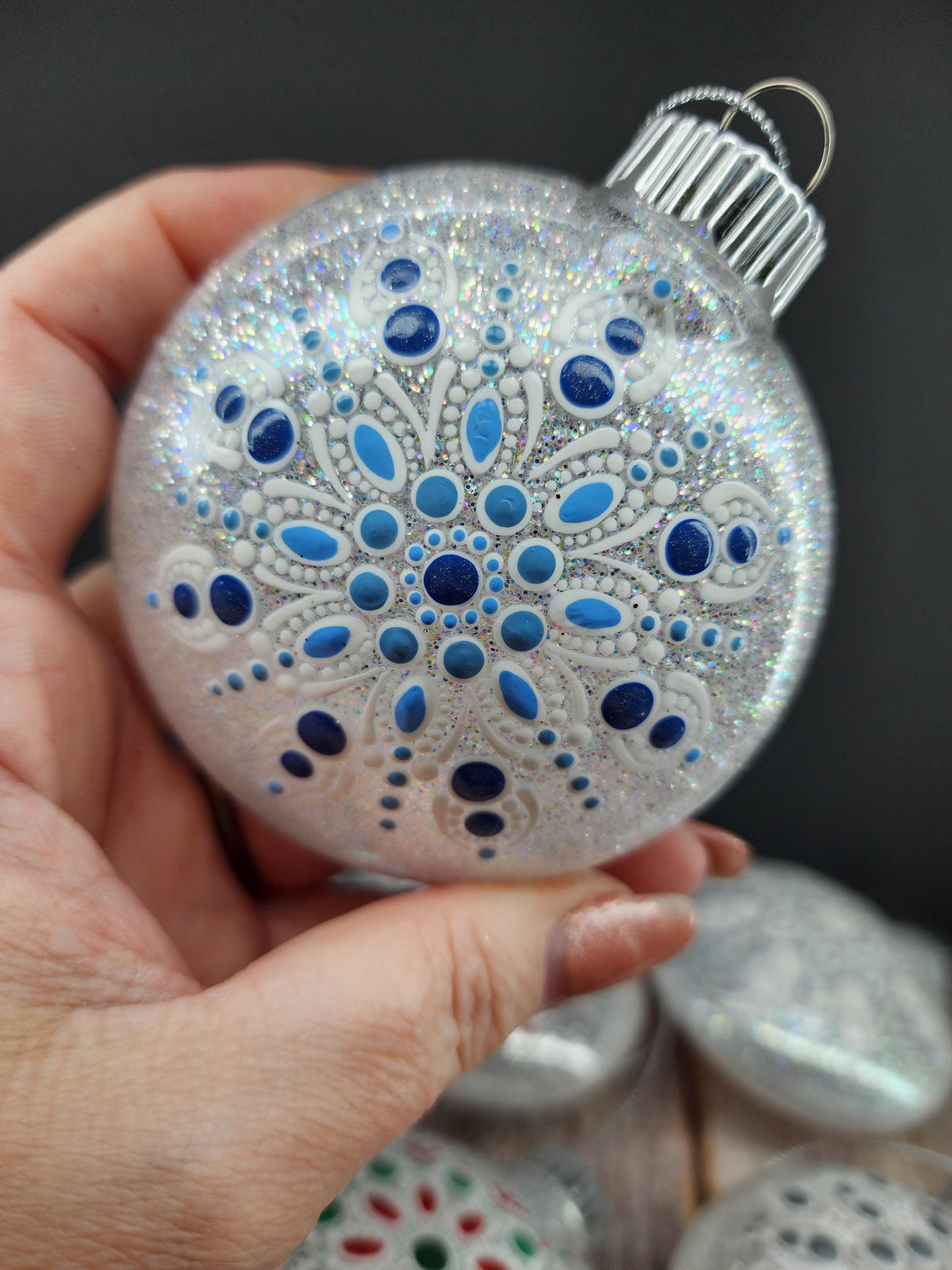 Whites & Champagnes - Hand Painted Mandala Glitter Ornament | Shatter Proof & Pet Friendly