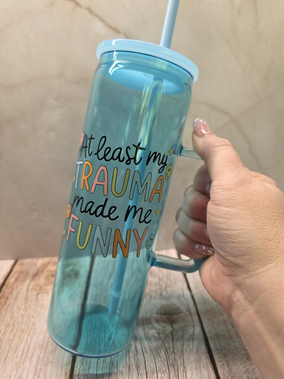 At Least My Trauma Made Me Funny | Blue Jelly Glass 20oz Skinny Tumbler W/Handle