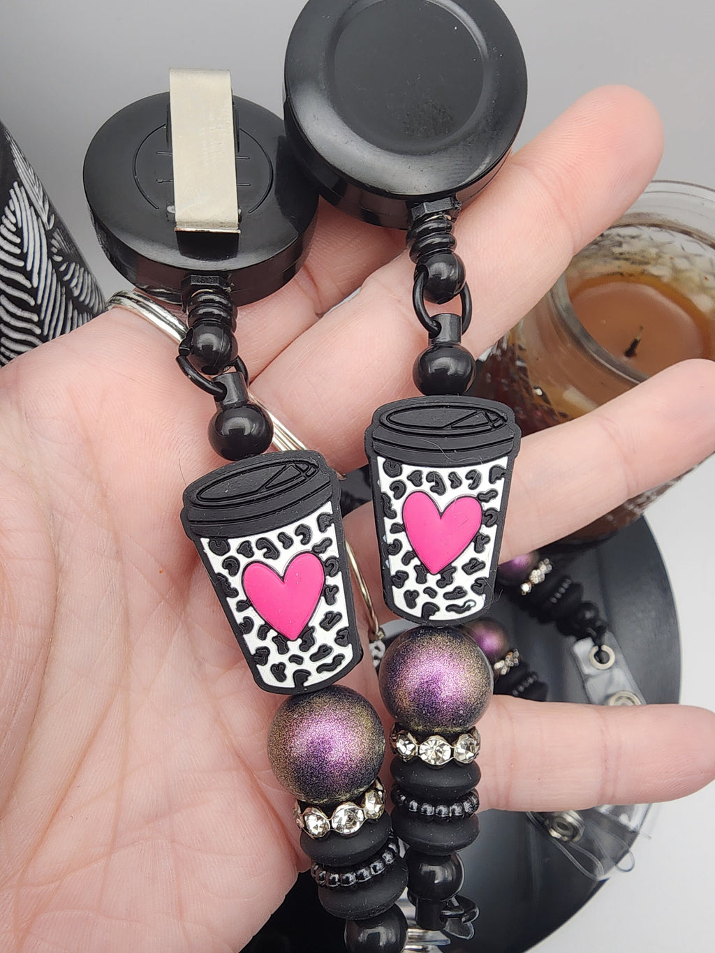 Hot Pink Heart Cheetah Print & Coffee Cup Retractable Badge Reel