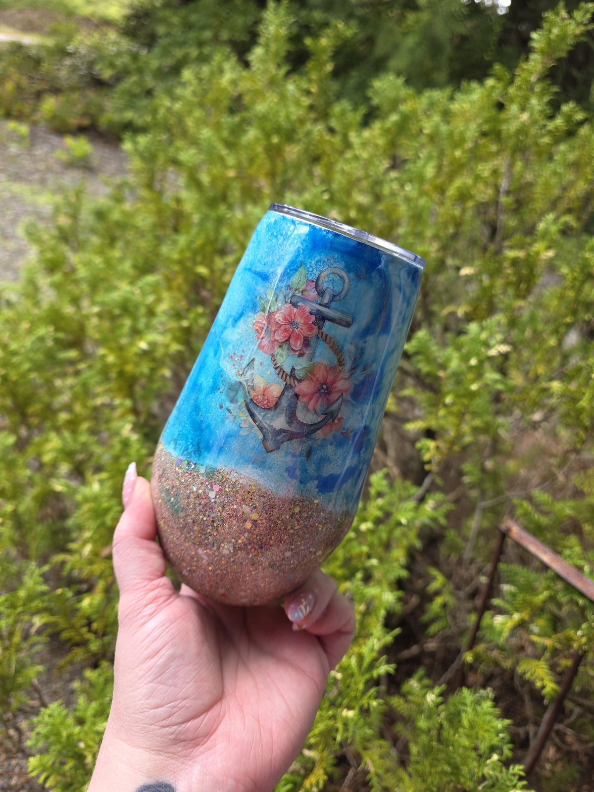 Anchor at the Beach | 17oz Stemless Wine Glass Stainless Epoxy Tumbler