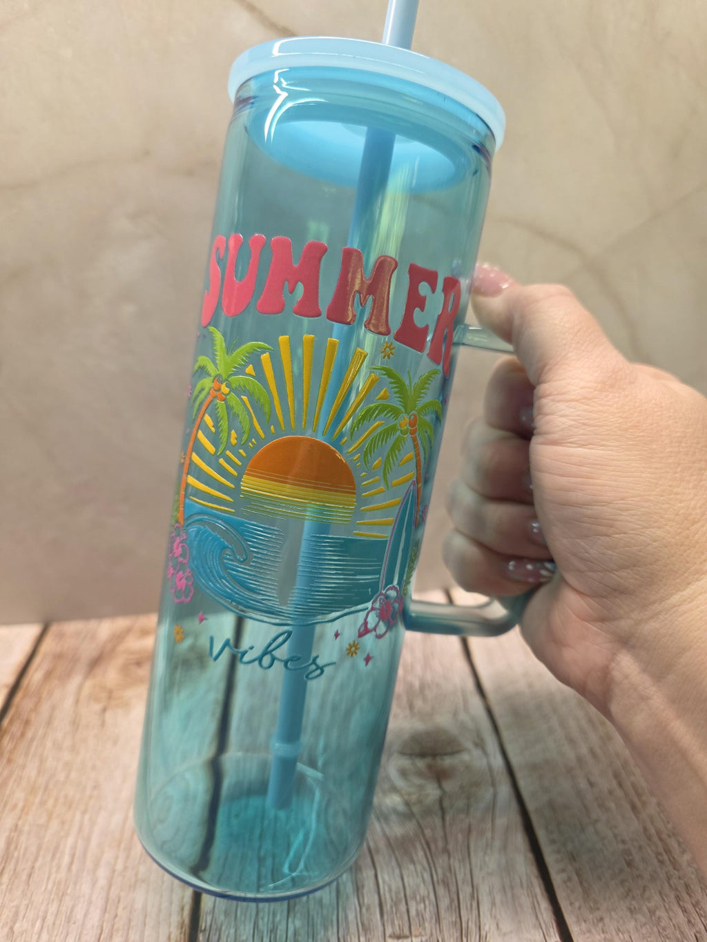 Summer Vibes | Blue Jelly Glass 20oz Skinny Tumbler W/Handle