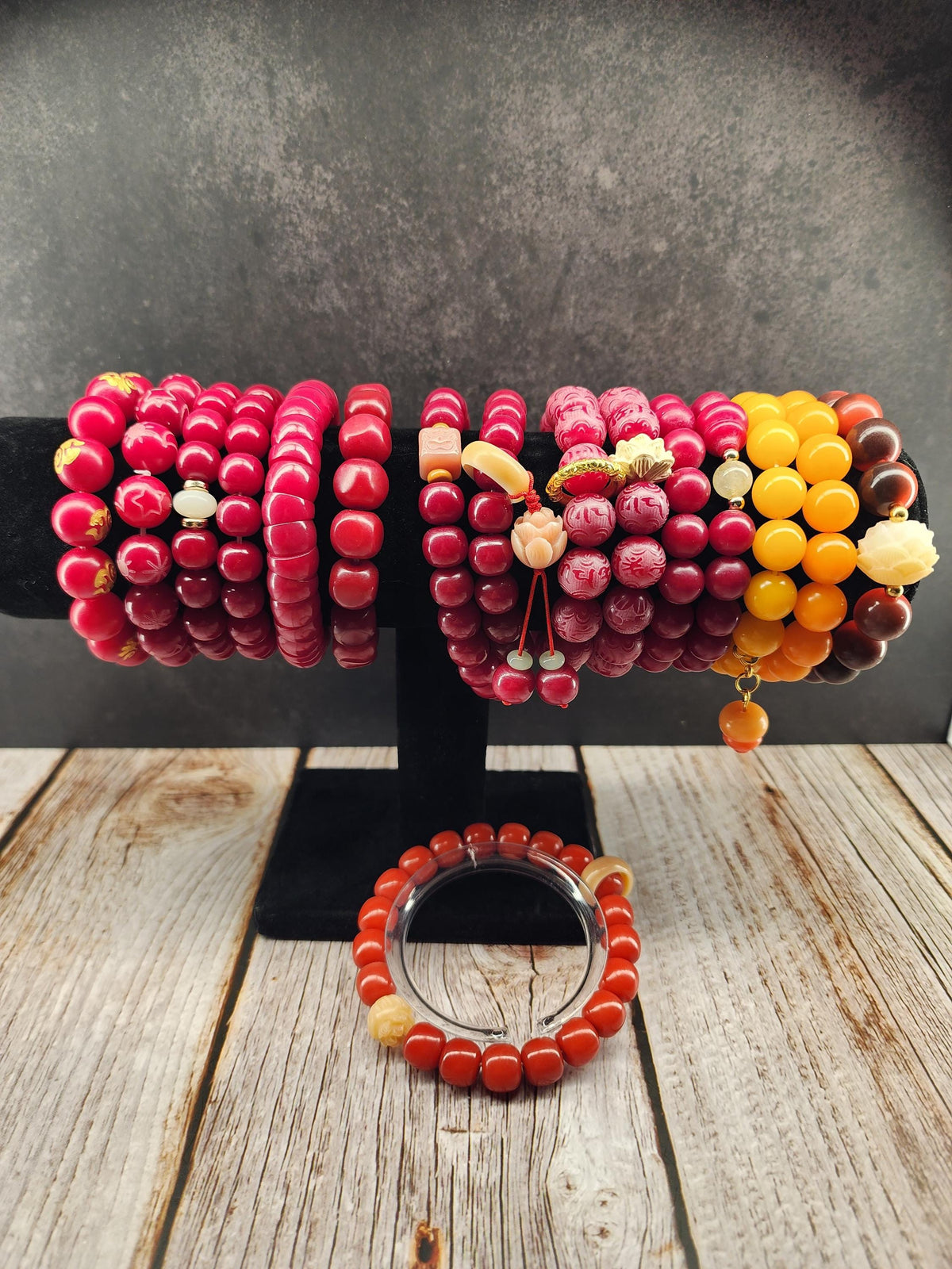 Natural Bodhi Seed Stretch Bracelet | Red & Orange