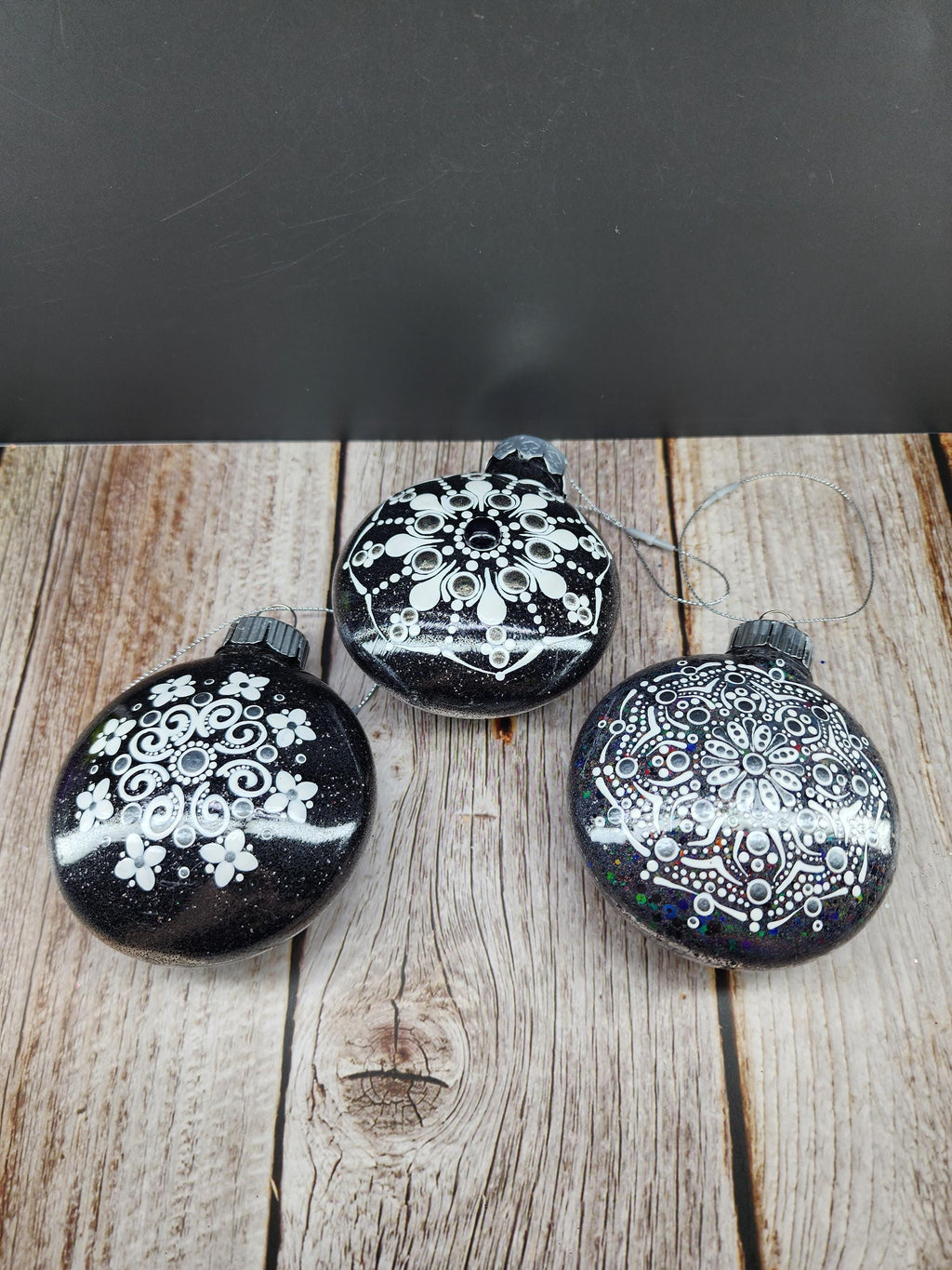 Blacks & Charcoals - Hand Painted Mandala Glitter Ornament | Shatter Proof & Pet Friendly