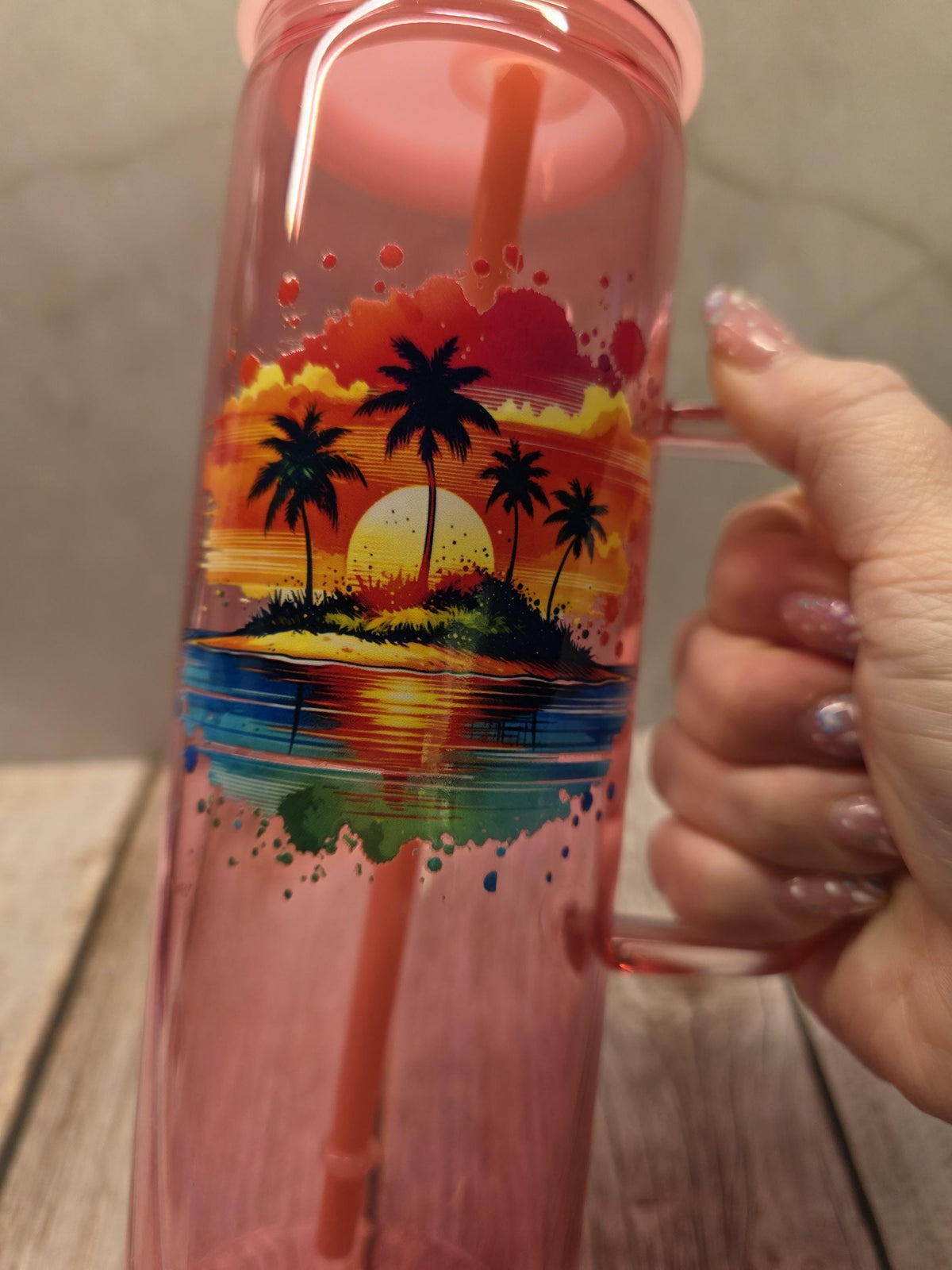 Beach Sunset | Pink Jelly Glass 20oz Skinny Tumbler W/Handle