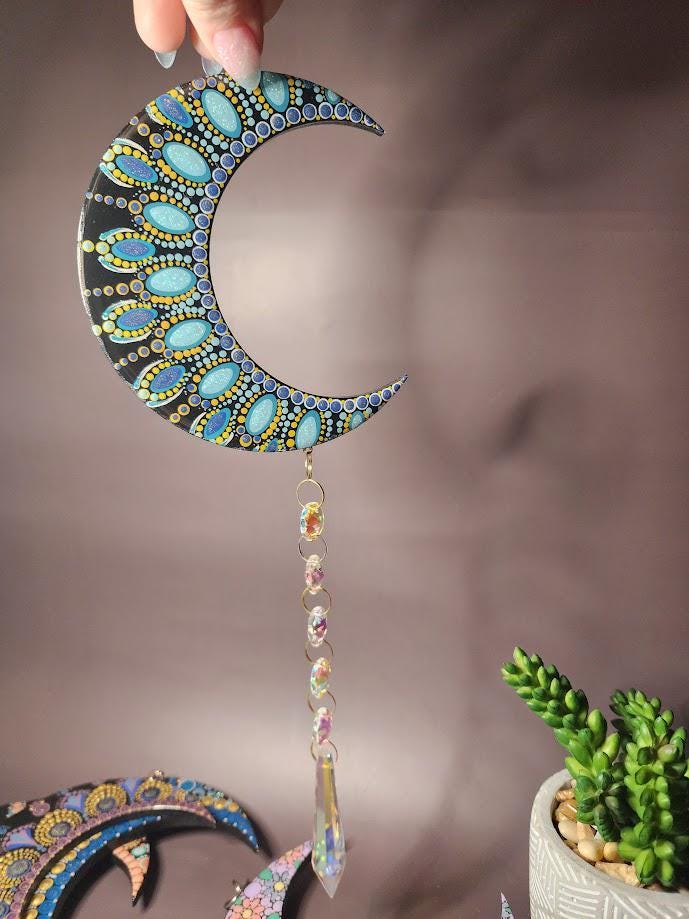 Hand Painted Mandala Crescent Moon Suncatchers