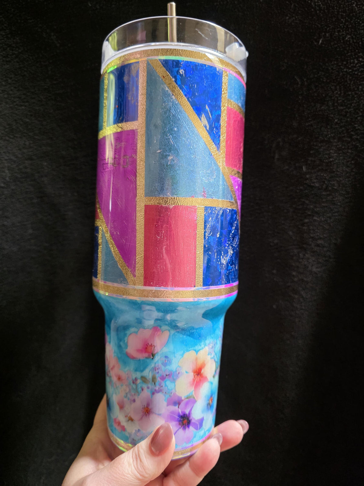 Floral Distressed Patchwork | 40oz Stainless Steel Epoxy Tumbler with Handle